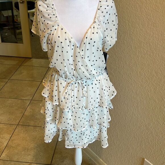 Trixxi Women's L Wrap Front Tiered Ruffle Mini Dress White Navy Polka Dot New - Picture 1 of 11